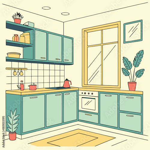 Pastel modern kitchen with aqua cabinets and soft yellow accents in clean flat 2D vector style
