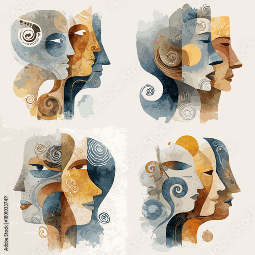 A striking watercolor illustration of abstract faces blending surreal shapes artistic textures and expressive layered color compositions.
