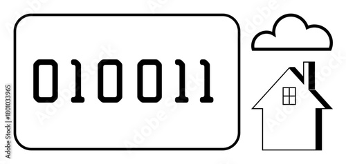 Binary number inside rectangle, cloud, and house outline communicate digital storage, cloud computing, smart home tech. Ideal for IT, cybersecurity, IoT, cloud storage tech development artificial