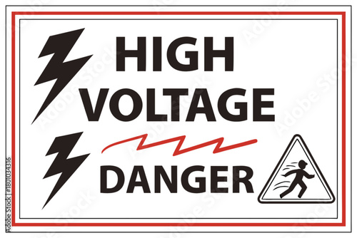 High voltage danger warning sign for electrical safety with caution for hazardous areas and running man symbol for emergency escape routes