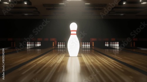 Spotlit bowling pin standing alone on a dimly lit wooden bowling lane with pins and gutters, in a dramatic spotlight.