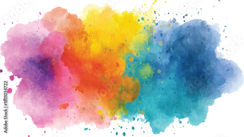 Vibrant watercolor paint splash with pink purple orange yellow blue and teal colors stain blot