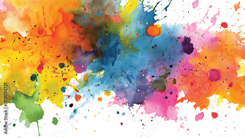 Vibrant abstract watercolor paint splatters and splashes in yellow orange blue pink purple and green on white background