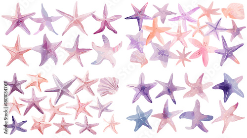 A delicate watercolor collection of starfish in soft pink and purple tones featuring varied shapes and organic marine inspired details.