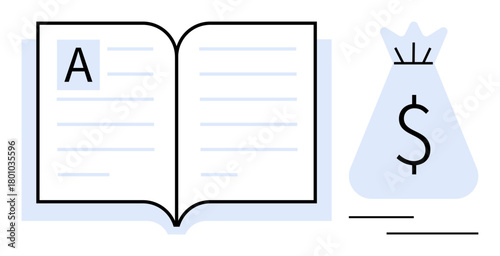 Open book with text paired with a money bag symbol featuring a dollar sign, symbolizing financial literacy and education. Ideal for finance, education, budgeting, investing, savings, teaching