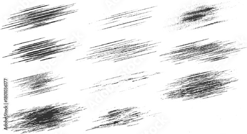 Collection of twelve black diagonal grunge brush stroke textures on white background vector