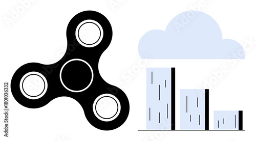 Fidget spinner adjacent to minimal bar chart and cloud graphic. Ideal for tech trends, playfulness, relaxation, data processing, modernity, fun, and analytics. Simple flat metaphor