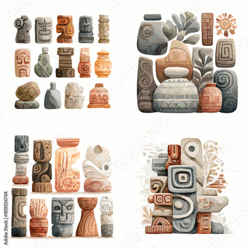 A textured watercolor illustration of carved stone blocks tribal motifs abstract symbols and cultural patterns inspired by ancient indigenous artistic traditions.