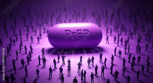 A large purple pill labeled PrEP is surrounded by a crowd of people, symbolizing HIV prevention and awareness