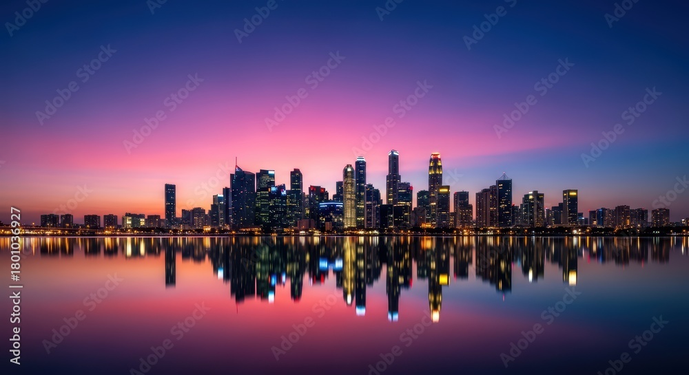 Obraz premium Vibrant cityscape at sunset reflecting on water