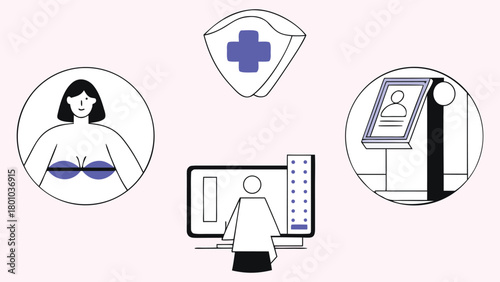 Mammogram Screening and Breast Health Diagnostic Illustration Set