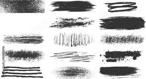 Collection of twelve black ink brush stroke textures and abstract graphic elements on white background