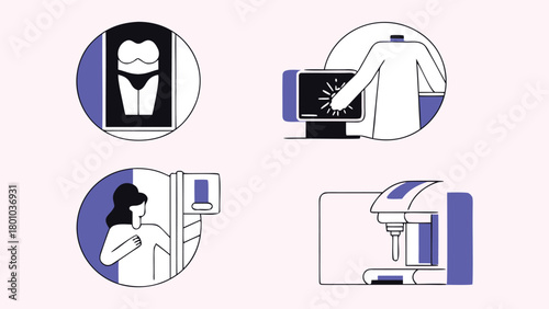 Mammogram Screening and Breast Health Diagnostic Illustration Set