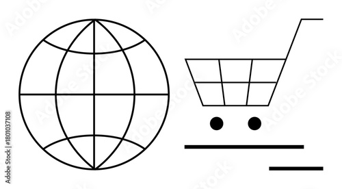 Globe representing worldwide access next to a shopping cart in a modern line style. Ideal for e-commerce platforms, global trade, online shopping, digital distribution, commerce, globalization