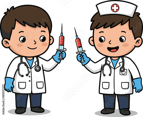 Cute cartoon doctors holding syringes with smiling faces, children in medical uniforms, healthcare concept illustration, vaccination awareness art