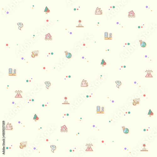 Seamless pattern with disaster and storm icon on background. Included the icons as fire, landslide, flood, drought, Natural Disaster, tornado, lighting, fog, forest fire, tsunami, hurricane