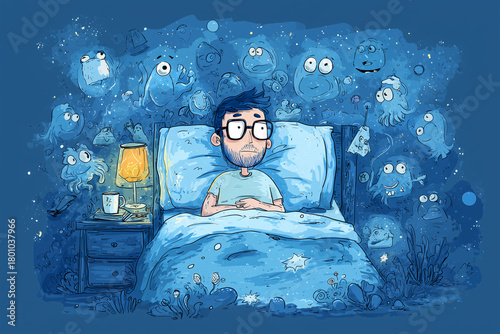 man sitting in bed surrounded by dream creatures