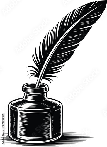 Vintage Ink Bottle and Quill Feather Illustration.