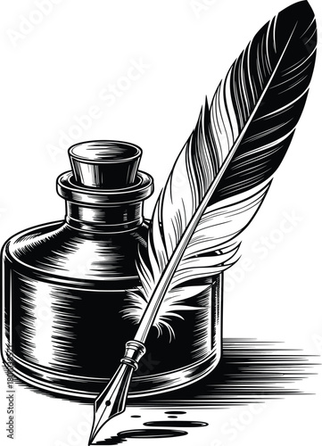 Vintage Ink Bottle and Quill Feather Illustration.