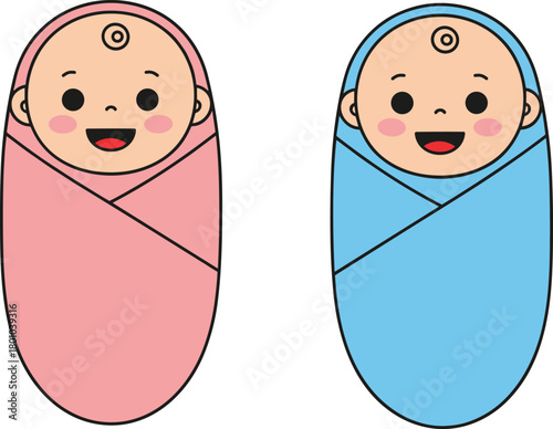 Cute cartoon twin babies illustration, baby boy and girl wrapped in blue and pink blankets, newborn concept vector art design