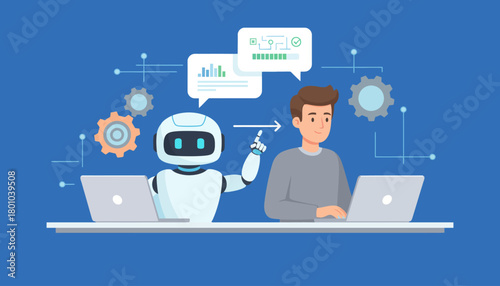 Artificial Intelligence robot assisting a person with work on laptops, concept illustration