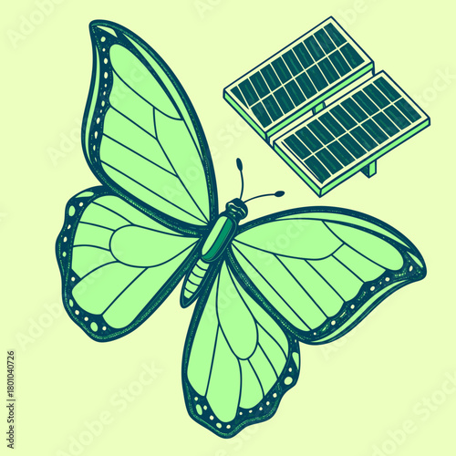 Green butterfly with solar panels, symbolizing clean energy and sustainability