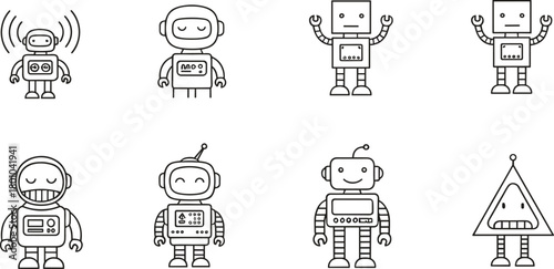 Cute Retro Robot Characters Line Art Icons Set with Various Shapes and Expressions for Technology and AI Vector.
