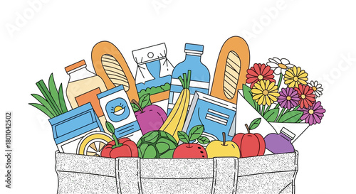 A vibrant illustration of a grocery bag overflowing with fresh produce, dairy, bread, and a colorful bouquet of flowers.