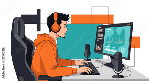 Young male gamer and streamer wearing headphones, playing on a computer in a gaming chair with a microphone setup.