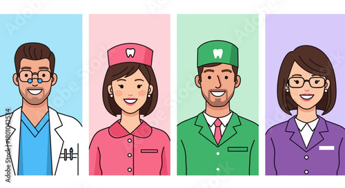 Illustrated portraits of a diverse team of smiling healthcare professionals, including a doctor and dental staff.