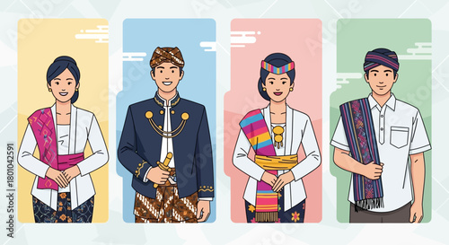 Four individuals in traditional Indonesian attire, showcasing diverse cultural clothing and patterns.