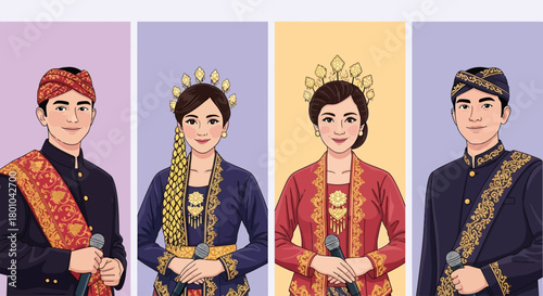 Illustration of two couples in traditional Indonesian wedding attire, holding microphones.