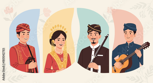 Four individuals in traditional Indonesian attire, two holding musical instruments, celebrating cultural heritage.