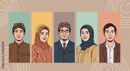 Illustration of five diverse Indonesian people, including men and women, wearing traditional and modern attire.