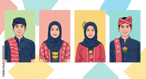 Vector illustration of two couples wearing traditional Malay or Indonesian attire, presented as individual portraits on colored backgrounds.