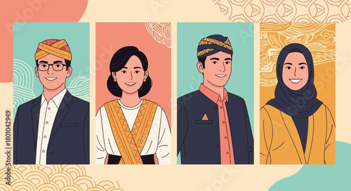 Illustration of four diverse individuals, each adorned in traditional attire, showcasing cultural representation.