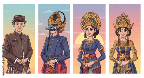 A set of four illustrations depicting people in diverse traditional Indonesian cultural costumes.