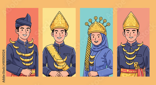 Four cartoon characters in traditional Malay attire with golden accessories and headwear.