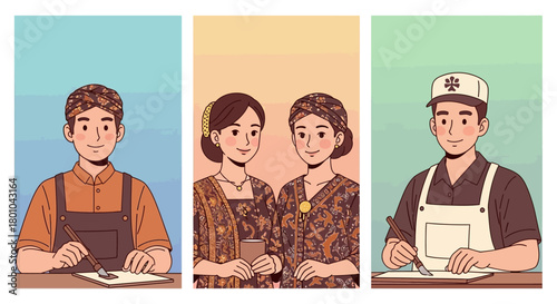 Three illustrations depicting individuals in various settings, showcasing cultural attire and professions.