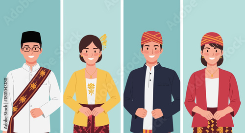 Illustration depicting four individuals in traditional Indonesian attire, showcasing cultural diversity.