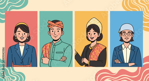 Diverse group of people in traditional and modern attire illustration.