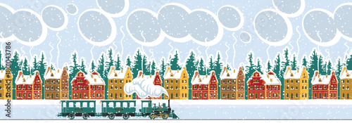 Vector banner, Christmas card. Winter landscape with colorful houses, clouds in the sky, snow-covered fir trees on the street, and a steam locomotive. Cartoon style illustration. No ai