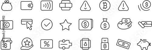 Finance and payment icons set for mobile wallets, contactless transactions, Bitcoin, smartwatch payments, budgeting, shopping, security alerts