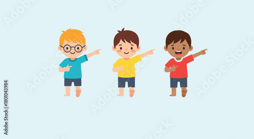 Three happy diverse young boys pointing in different directions, standing together on a light blue background.