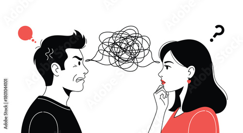 Miscommunication creates frustration and confusion between a man and a woman, symbolizing relationship difficulties and unresolved issues.