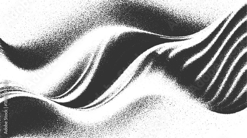 Abstract monochrome grainy texture with flowing waves and scattered dots black white