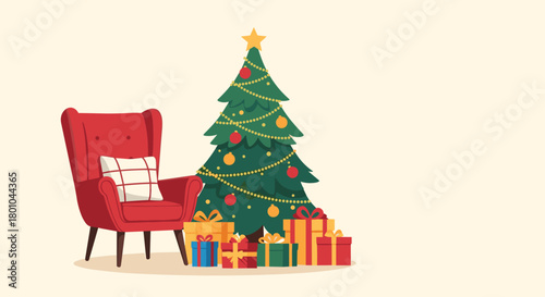 A warm and inviting Christmas scene with a beautifully decorated tree, glowing lights, colorful presents, and a cozy red armchair.