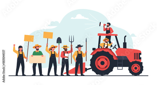 A group of farmers protesting for their rights and better agricultural conditions, holding signs and farming tools, with a leader speaking from a tractor.