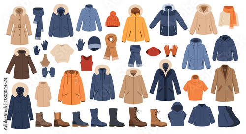 A comprehensive flat lay collection of stylish winter clothing and accessories, featuring various coats, jackets, sweaters, scarves, hats, gloves, and boots.