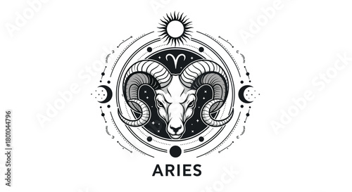 Aries zodiac sign illustration featuring a ram's head encircled by celestial elements like the sun, moons, and stars, with the name 'Aries' below.